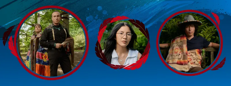 Header image with a blue background and three circles that are filled with photos of indigenous people.