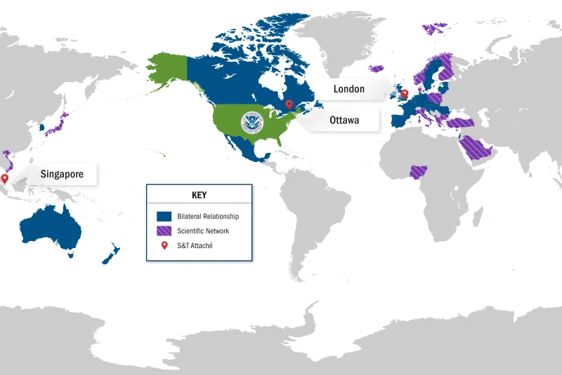 S&T ICPO map of international partners. Map shows Singapore, London and Ottawa. Color key shows blue areas for Bilateral Relationship, purple areas for Innovation Network, and Red identifier marks for S&T Attache areas.