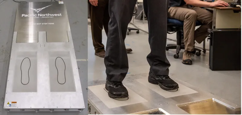 Airport security shoe scanner. At left, the scanner is displayed on its own, showing the PNNL logo and the outline of two feet where passengers would stand. At right, the shoe scanner is on the ground with a person standing on it; depicted are the person’s legs (from the knee down) and feet—with shoes on—on the outline.