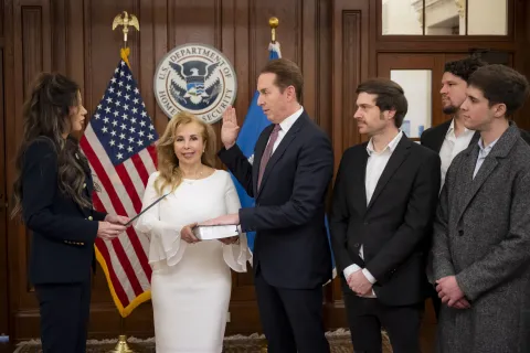 Caption: Department of Homeland Security (DHS) Secretary Kristi Noem swears-in the Deputy Secretary of DHS Troy Edgar at DHS Headquarters in Washington, D.C., March 8, 2025. (DHS photo by Tia Dufour)