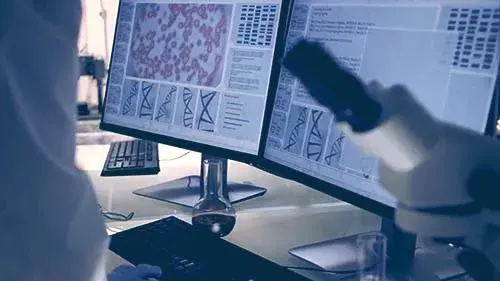 two monitors side by side showing science lab work