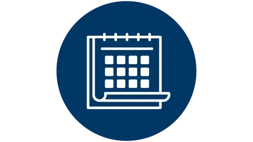Calendar icon over a dark blue circle