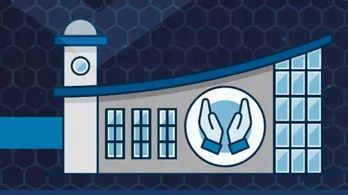 Image of a general house of worship with praying hands on the side, over a dark blue background with a faint image of chain link behind it representing physical security.