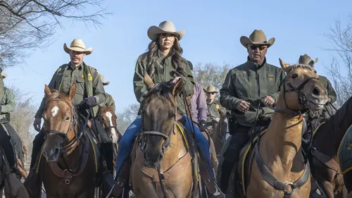 Secretary Kristi Noem rides alongside Border Patrol Agents at the southern border on horseback.