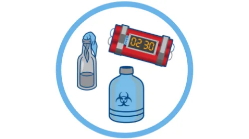 Icon of three explosive materials: a timed bomb with a countdown display, a container labeled with a toxic hazard symbol, and a Molotov cocktail.