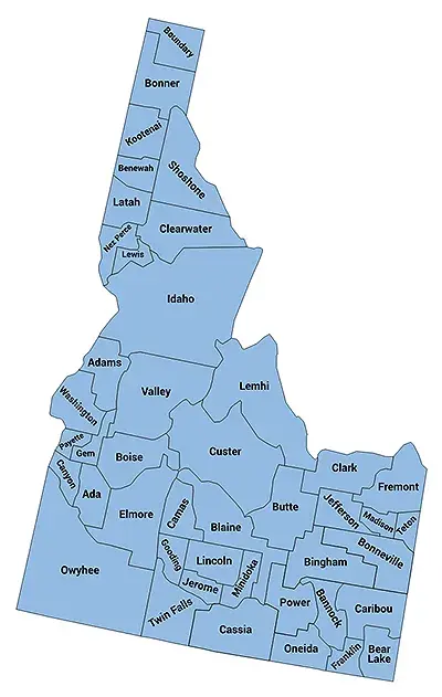 Map of Idaho with boundaries for and names of each county displayed