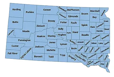 Map of South Dakota with boundaries for and names of each county displayed